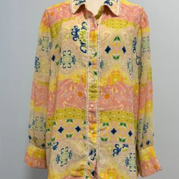 CYNTHIA ROWLEY Plus Long Sleeve Multicolor Blouse Size 1X - Picture 1 of 8